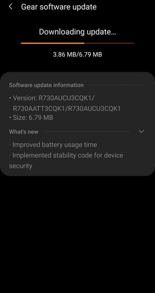 Screenshot of Gear software update, downloading update screen