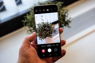 A Samsung Galaxy S20 held in hand displaying a picture of plant pot with plant via camera