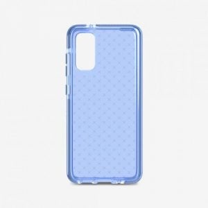 A light blue Tech21's Evo check case for iPhone 11 stannding on white background