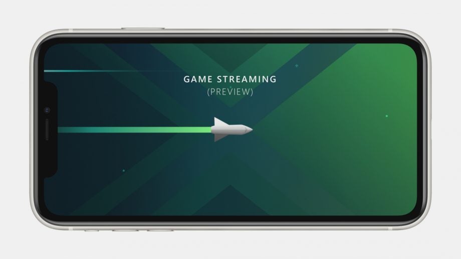 An iPhone standing on white background displaying Xcloud game streaming preview screen
