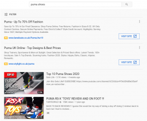 Screenshot of Youtube search results of Puma shoes