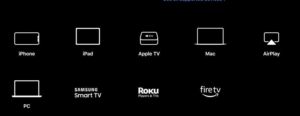 A black wallpaper with a number of devices and platform's logo that support Apple TV