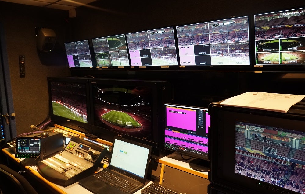 A picture of inside of OB truck of BT sport with Samung monitors