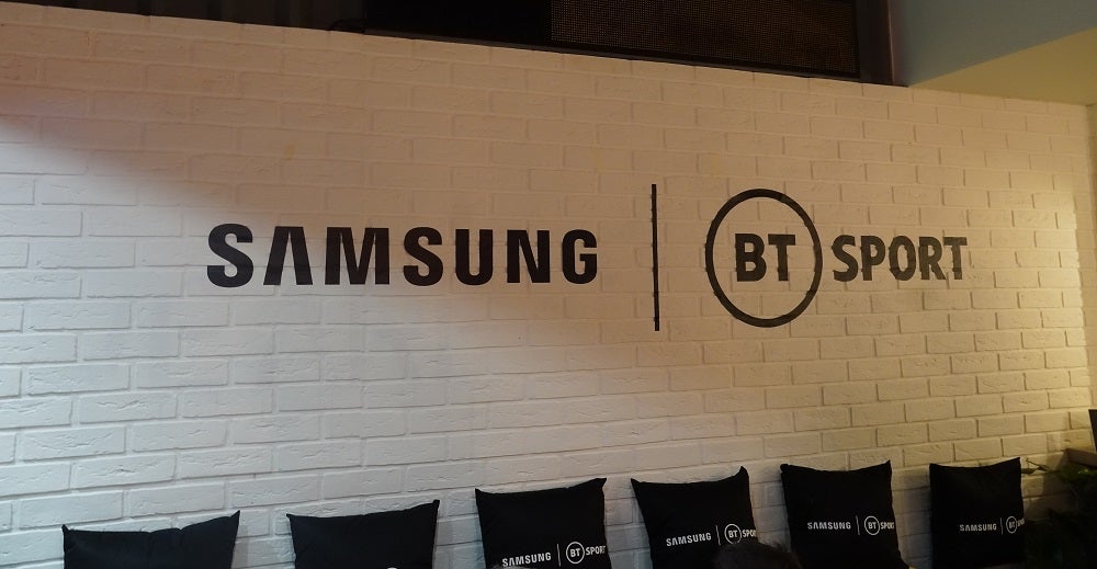 A picture of a wall with Samsung and BT sport logos, showing BT sport and samsung partnership