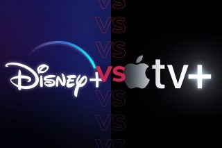 Comparision image of Disney+ logo on left and Apple TV+ logo on right