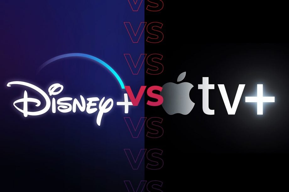 Comparision image of Disney+ logo on left and Apple TV+ logo on right