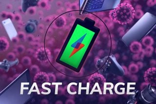 Wallpaper of devices floating on bacterial surrounding with a Fast charge logo and text on top