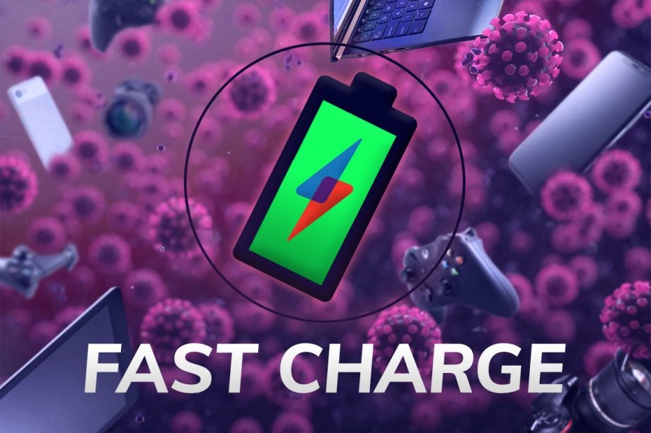Wallpaper of devices floating on bacterial surrounding with a Fast charge logo and text on top