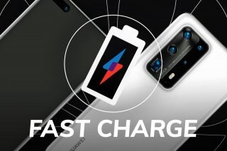 Two Huawei smartphones floating on black background with a Fast charge logo and text on top