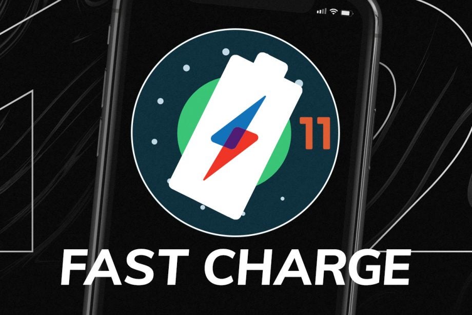 A smartphone displaying Android 11 logo on black background with a Fast charge logo and text on top