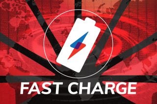 A black and red wallpaper with a Fast charge logo and text on top