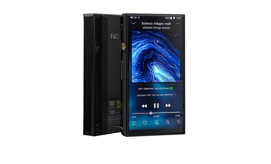 Two black FiiO M11 Pro music player standing on white background, showing front and back panel view