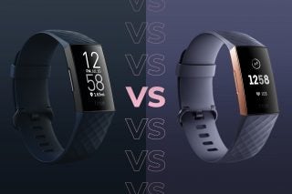 Comparision image of a dakr blue Fitbit charge 4 on left and a purple Fitbit Charge 4 on right