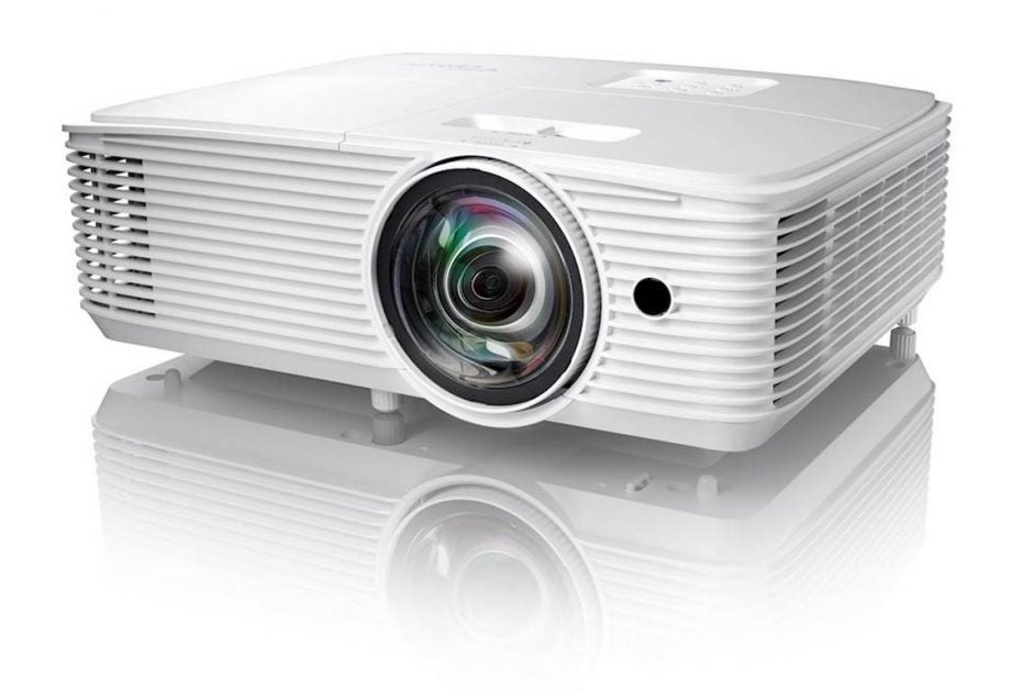 A white Optoma HD29HST projector standing on a white background
