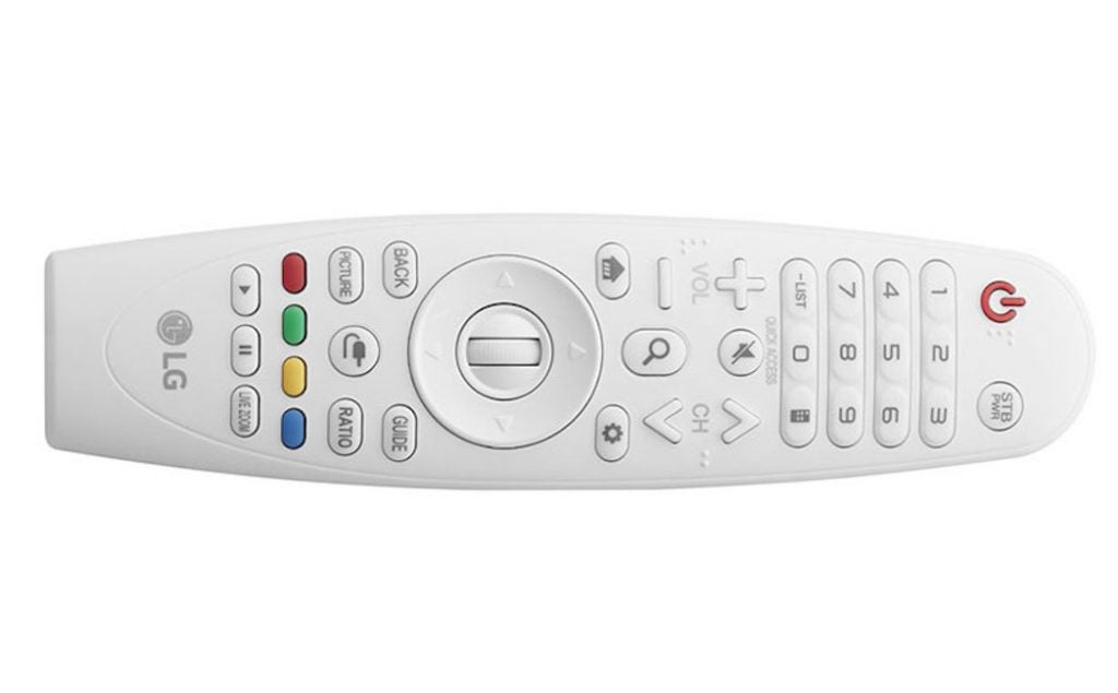 LG HU85LS projector's white remote kept on a white background