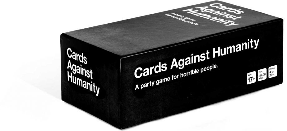 A black box of cards against humanity kept on white background, a party game for horibble people