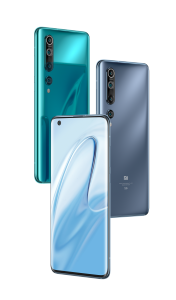 Three different colored Mi 10 floating on a white background, showing front and back panelA blue-green Mi 10 floating on white background facing back, back panel view