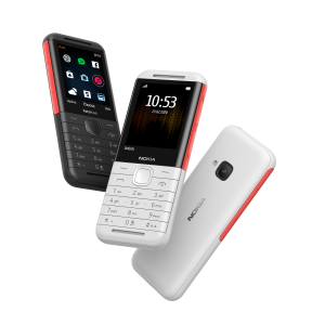 Three Nokia 5310 phones floating on a white background showing front and back panel