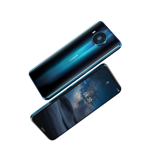 Two blue-black Nokia 8.3 smartphones floating on a white background showing front and back panel
