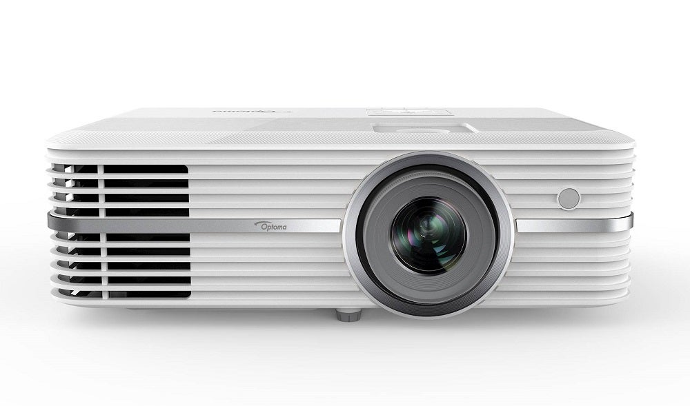 A white Optoma UHD52ALV projector standing on white background 