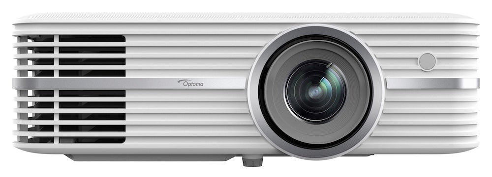 A white Optoma UHD52ALV projector standing on white background 