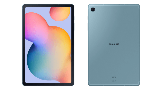 Two Samsung Galaxy Tab S6 Lite standing on white background, showing front and back panel view