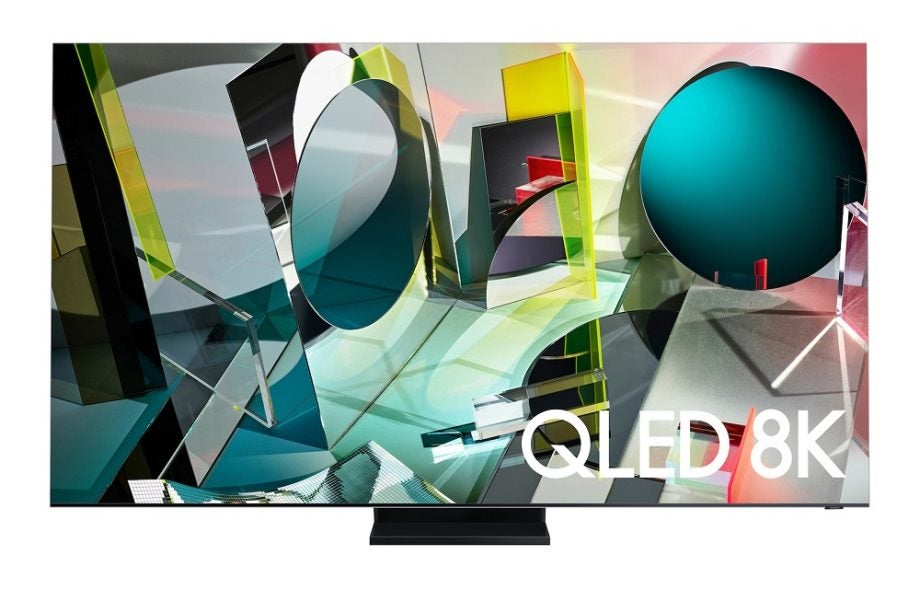 A black Samsung Q950T TV standing on white background