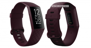 Two burgundy colored Fitbit standing on white background, showing front and back panel