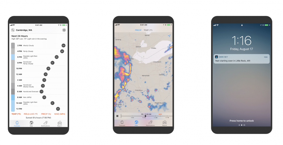 Three black smartphones standing on white background displaying forecast, maps and lock screen simultaneously