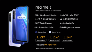 A wallpaper of Realme 6 with it's specifications and price displayed on it