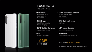 A wallpaper of Realme 6i with it's specifications and price displayed on it