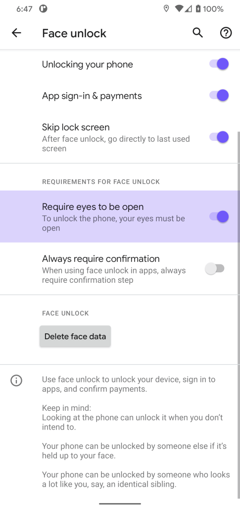 A screenshot from a phone's Face unlock settings about requiring eyes to be open