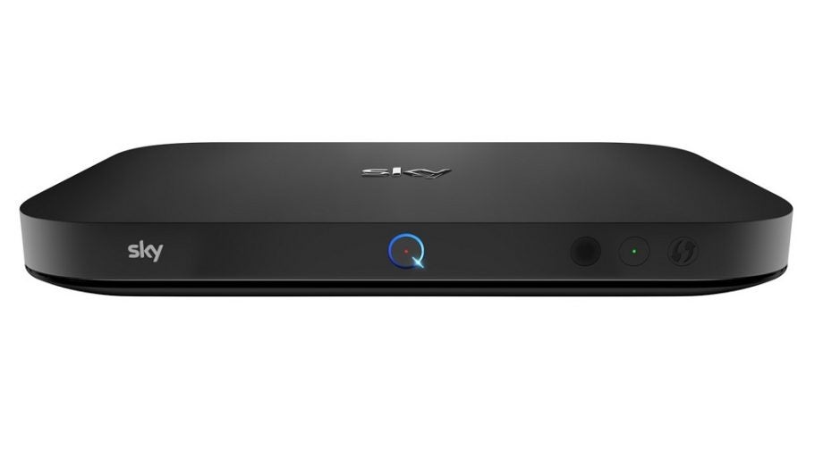 A black Sky Q box new placed on a white background