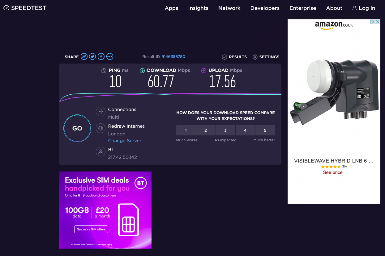 Internet speed testA screenshot of network speed test