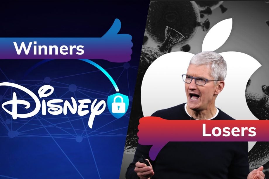 A Disney+ logo on left tagged as winners and Tim Cook with Apple logo on right tagged as losers