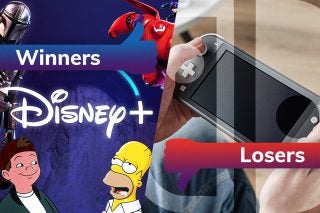 A Disney+ wallpaper on left tagged as winners and a Nintendo Switch on right tagged as losers
