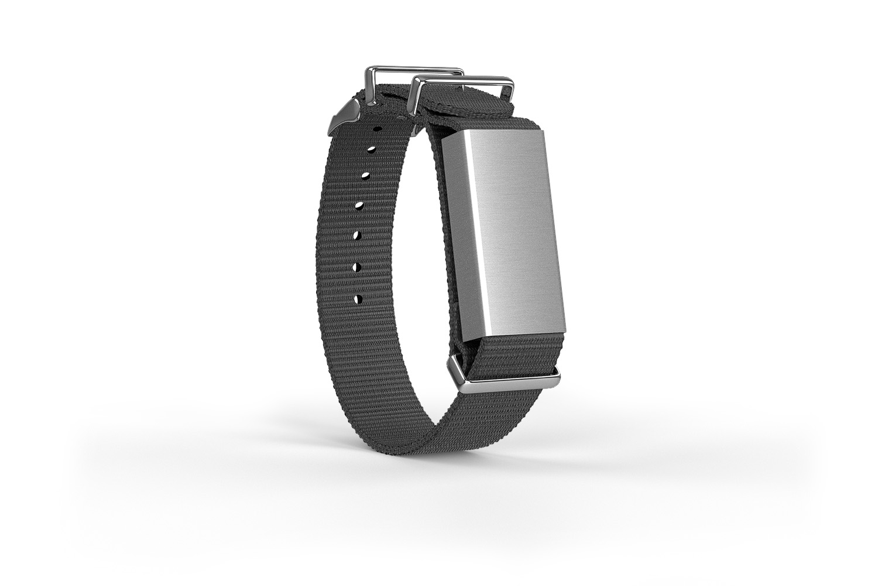 A silver-gray Immutouch band standing on white background