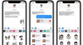 Three iPhones standing on white background displaying chats on iMessage, showing different sticker and music options