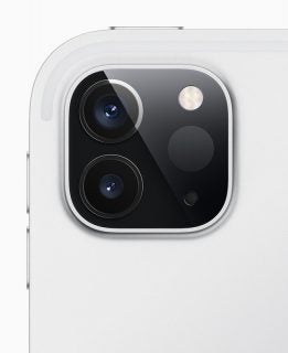 Close up image of a white iPad Pro 2020' back camera section