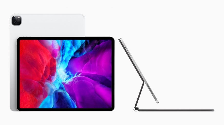 Three iPad Pro standing on white background, showing front, back and side view, side view with keyboard