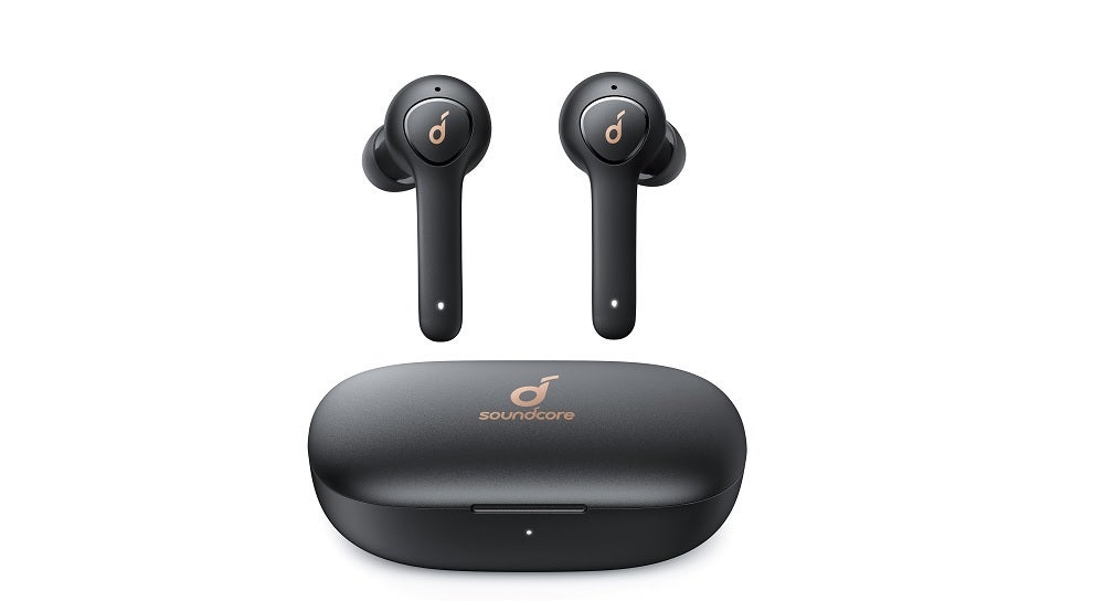 Black Anker Soundcore Life P2 earbuds floating out of it's case standing on a white backgroundBlack Anker Soundcore Life P2 earbuds floating above it's case standing on a white backgroundBlack Anker Soundcore Life P2 earbuds floating above it's case standing on a white background