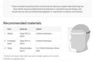 Screenshot of an Apple instruction about recommeded material for manufacturing face shield