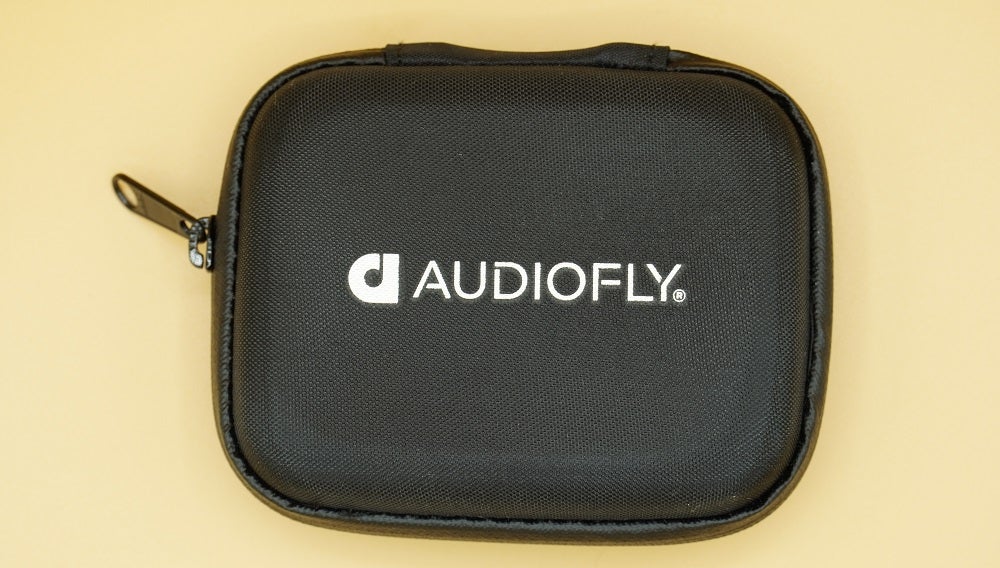 View from top of Audiofly AF100 MK2 earphone's black case kept on a table