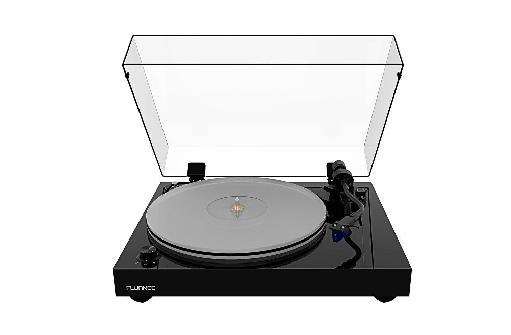 Fluance RT85A black Fluance RT85 turntable kept on a white background