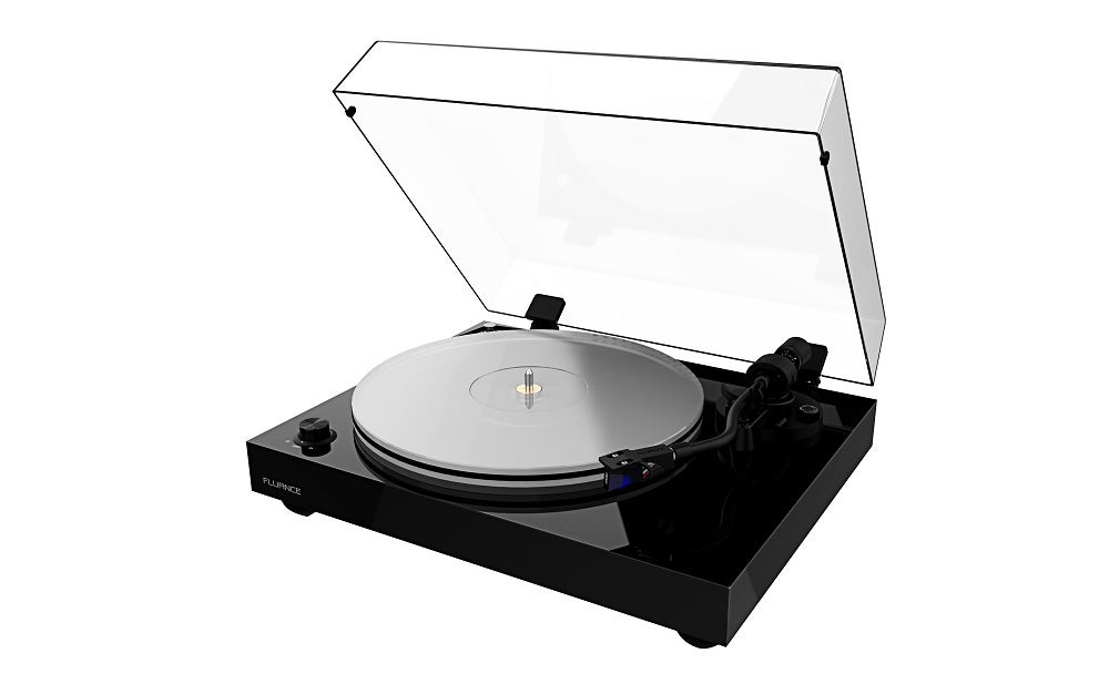 A black Fluance RT85 turntable kept on a white background facing rightA black Fluance RT85 turntable kept on a white background facing left