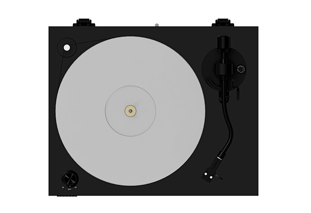 View from top of a black Fluance RT85 turntable kept on a white background