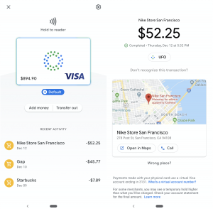 Screenshots from Google Pay of Debit card and Nike store in San Francisco