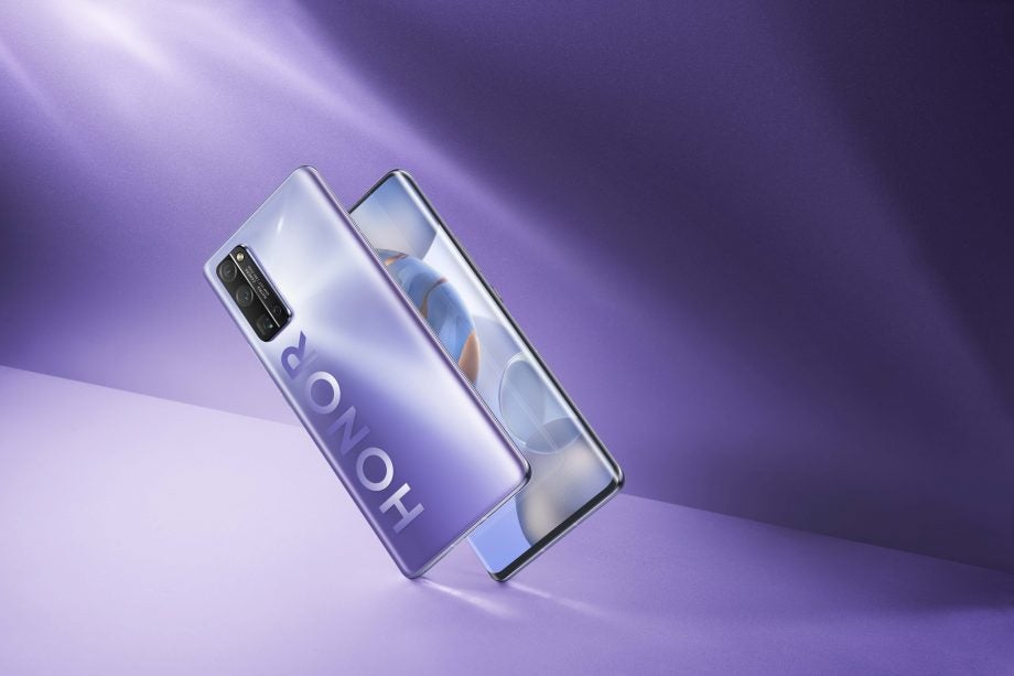 Two Huawei Honor 30 smartphones standing on purple background showing front and back panel