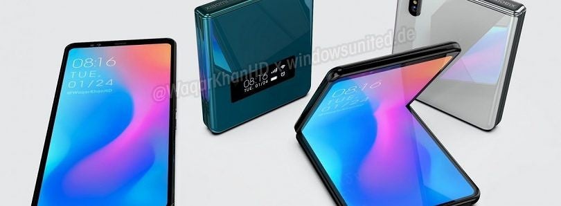 Four different colored Xiaomi Clamshell foldable phone's showing normal state and folded state