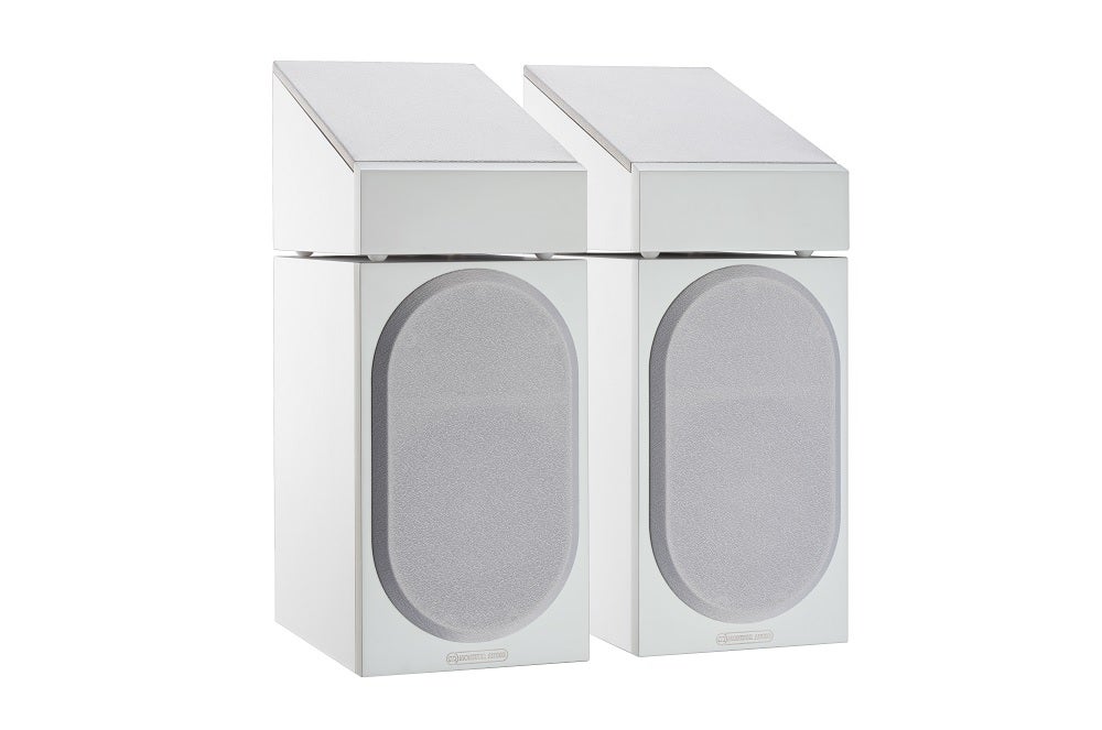 White MA Bronze 50 bookshelf speakers standing on a white background